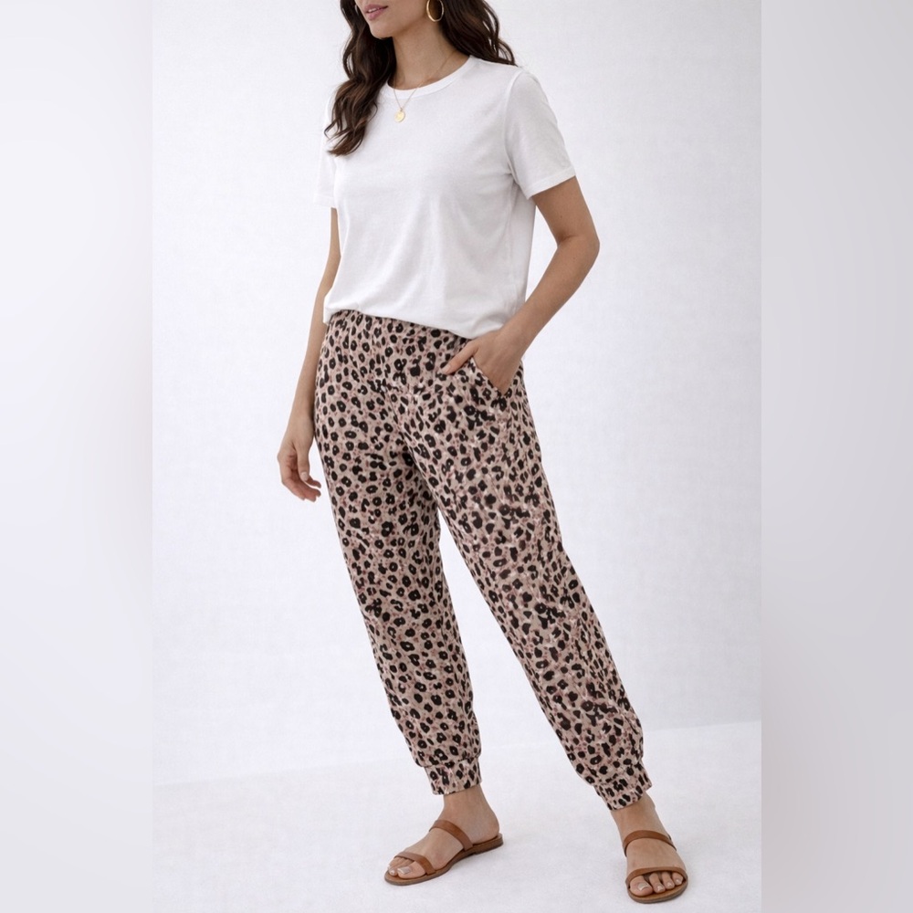ZARA Leopard Print Jogger Pants Cream Black Rust Elastic Waist Pockets Small